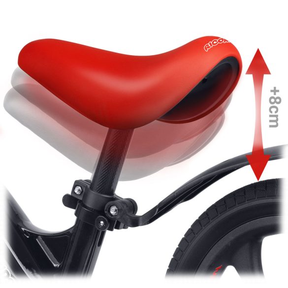 Kétkerekű futóbicikli, Ricokids Funnu, fekete/piros, magnézium váz, EVA habkerekek 29 cm, állítható ülésmagasság 35-42 cm, gumírozott markolatok ütközőkkel, könnyű