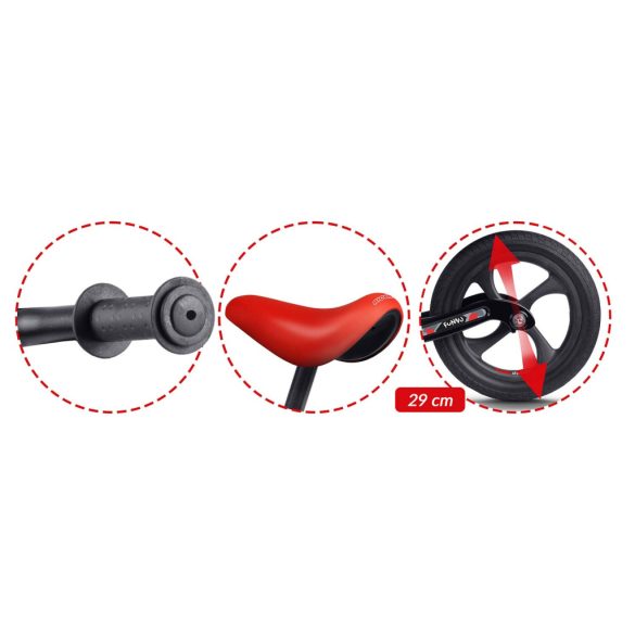 Kétkerekű futóbicikli, Ricokids Funnu, fekete/piros, magnézium váz, EVA habkerekek 29 cm, állítható ülésmagasság 35-42 cm, gumírozott markolatok ütközőkkel, könnyű