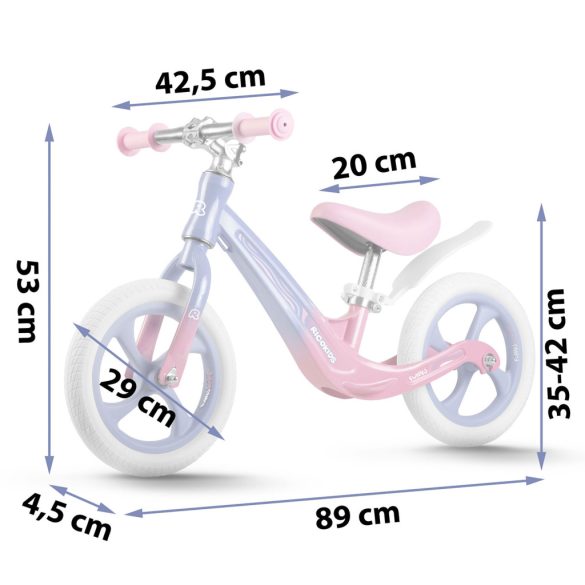 Kétkerekű futóbicikli, Ricokids Funnu, lila, magnézium váz, EVA habkerekek 29 cm, állítható ülésmagasság 35-42 cm, gumírozott markolatok ütközőkkel, könnyű