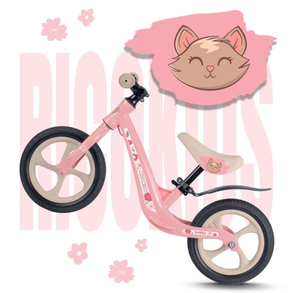 Kétkerekű futóbicikli, Ricokids Funnu, rózsaszín, magnézium váz, EVA habkerekek 29 cm, állítható ülésmagasság 35-42 cm, gumírozott markolatok ütközőkkel, könnyű