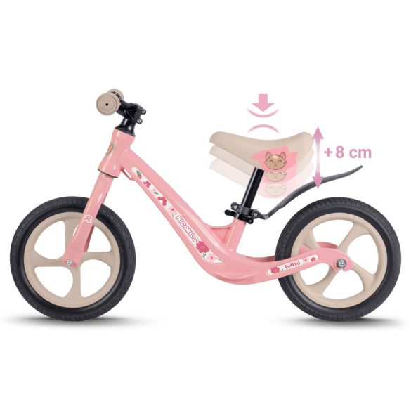Kétkerekű futóbicikli, Ricokids Funnu, rózsaszín, magnézium váz, EVA habkerekek 29 cm, állítható ülésmagasság 35-42 cm, gumírozott markolatok ütközőkkel, könnyű