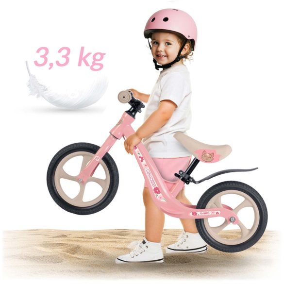 Kétkerekű futóbicikli, Ricokids Funnu, rózsaszín, magnézium váz, EVA habkerekek 29 cm, állítható ülésmagasság 35-42 cm, gumírozott markolatok ütközőkkel, könnyű