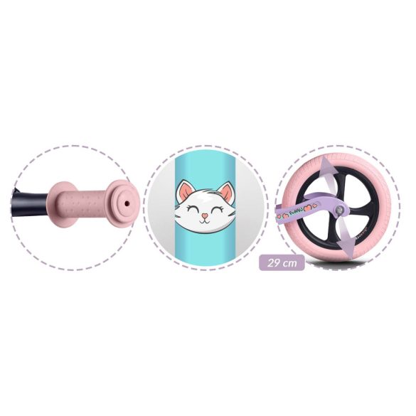 Kétkerekű futóbicikli, Ricokids Funnu, türkiz, magnézium váz, EVA habkerekek 29 cm, állítható ülésmagasság 35-42 cm, gumírozott markolatok ütközőkkel, könnyű