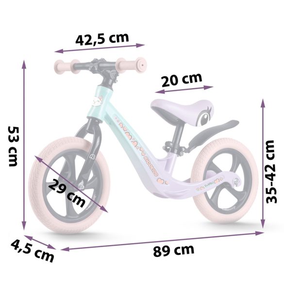 Kétkerekű futóbicikli, Ricokids Funnu, türkiz, magnézium váz, EVA habkerekek 29 cm, állítható ülésmagasság 35-42 cm, gumírozott markolatok ütközőkkel, könnyű