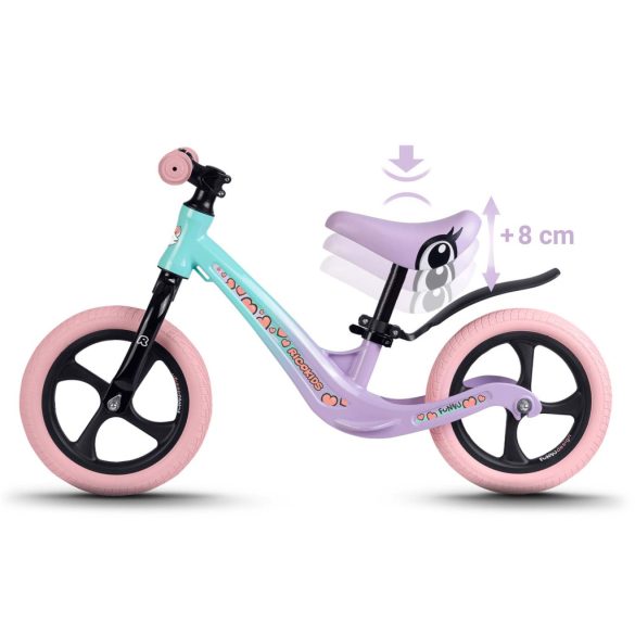 Kétkerekű futóbicikli, Ricokids Funnu, türkiz, magnézium váz, EVA habkerekek 29 cm, állítható ülésmagasság 35-42 cm, gumírozott markolatok ütközőkkel, könnyű