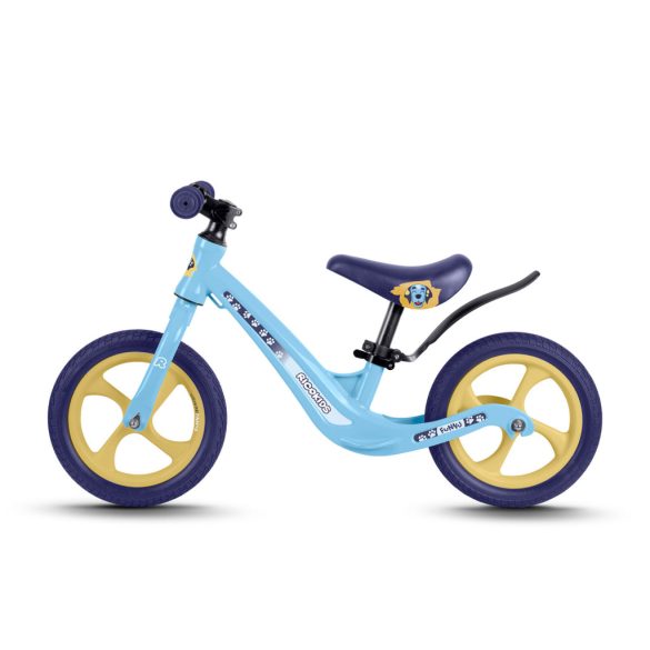 Kétkerekű futóbicikli, Ricokids Funnu, világoskék, magnézium váz, EVA habkerekek 29 cm, állítható ülésmagasság 35-42 cm, gumírozott markolatok ütközőkkel, könnyű