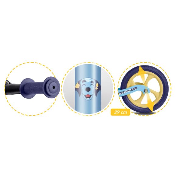 Kétkerekű futóbicikli, Ricokids Funnu, világoskék, magnézium váz, EVA habkerekek 29 cm, állítható ülésmagasság 35-42 cm, gumírozott markolatok ütközőkkel, könnyű