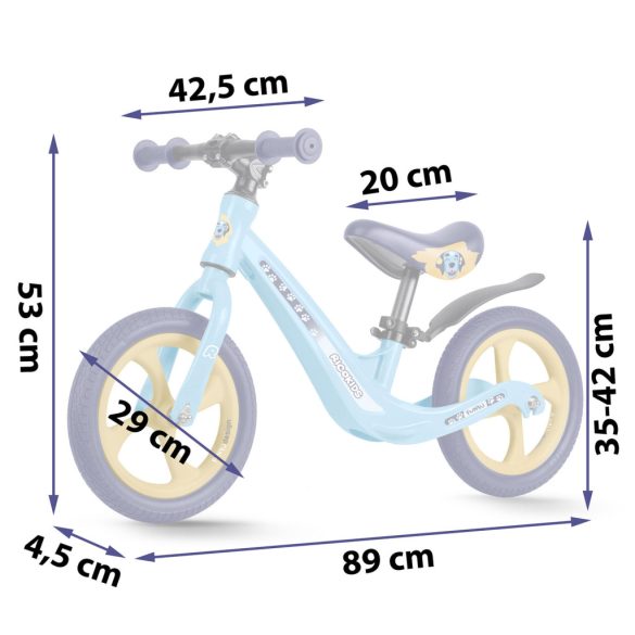 Kétkerekű futóbicikli, Ricokids Funnu, világoskék, magnézium váz, EVA habkerekek 29 cm, állítható ülésmagasság 35-42 cm, gumírozott markolatok ütközőkkel, könnyű