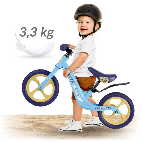 Kétkerekű futóbicikli, Ricokids Funnu, világoskék, magnézium váz, EVA habkerekek 29 cm, állítható ülésmagasság 35-42 cm, gumírozott markolatok ütközőkkel, könnyű