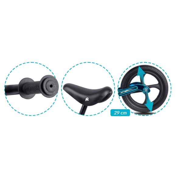 Kétkerekű futóbicikli, Ricokids Funnu, kék, magnézium váz, EVA habkerekek 29 cm, állítható ülésmagasság 35-42 cm, gumírozott markolatok ütközőkkel, könnyű