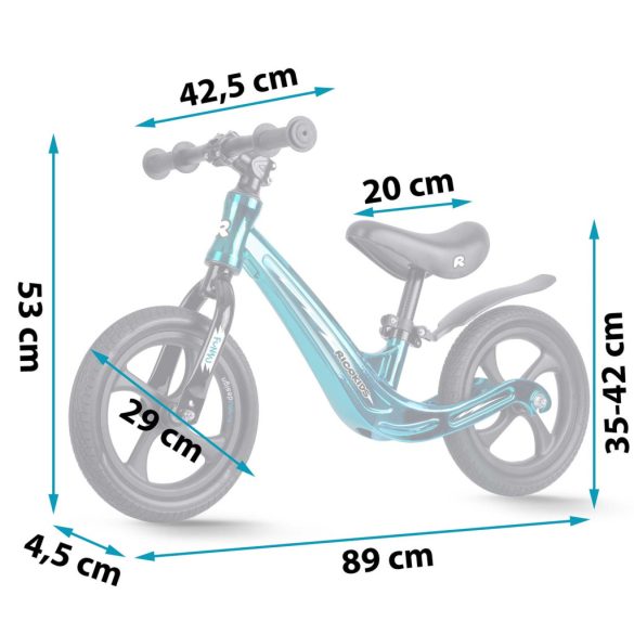 Kétkerekű futóbicikli, Ricokids Funnu, kék, magnézium váz, EVA habkerekek 29 cm, állítható ülésmagasság 35-42 cm, gumírozott markolatok ütközőkkel, könnyű