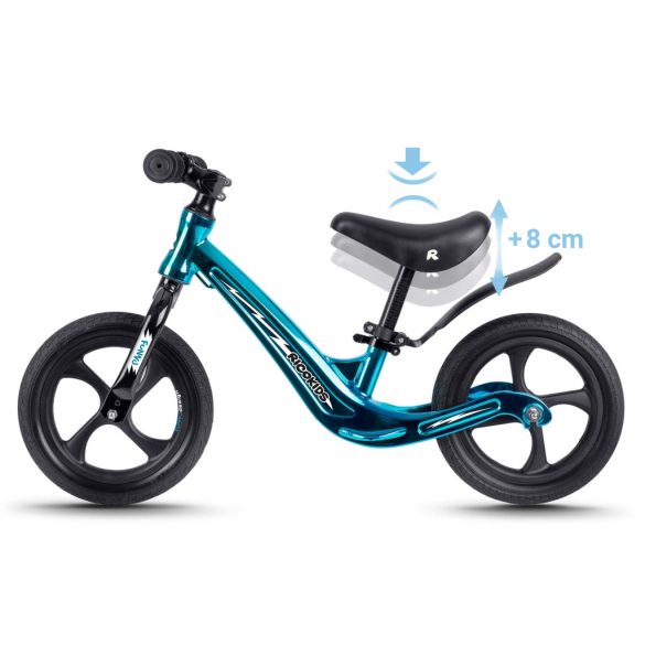 Kétkerekű futóbicikli, Ricokids Funnu, kék, magnézium váz, EVA habkerekek 29 cm, állítható ülésmagasság 35-42 cm, gumírozott markolatok ütközőkkel, könnyű