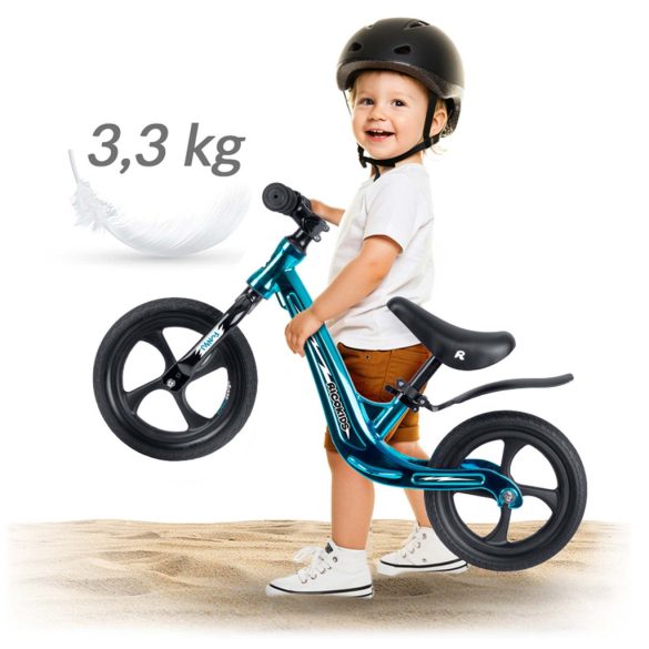 Kétkerekű futóbicikli, Ricokids Funnu, kék, magnézium váz, EVA habkerekek 29 cm, állítható ülésmagasság 35-42 cm, gumírozott markolatok ütközőkkel, könnyű