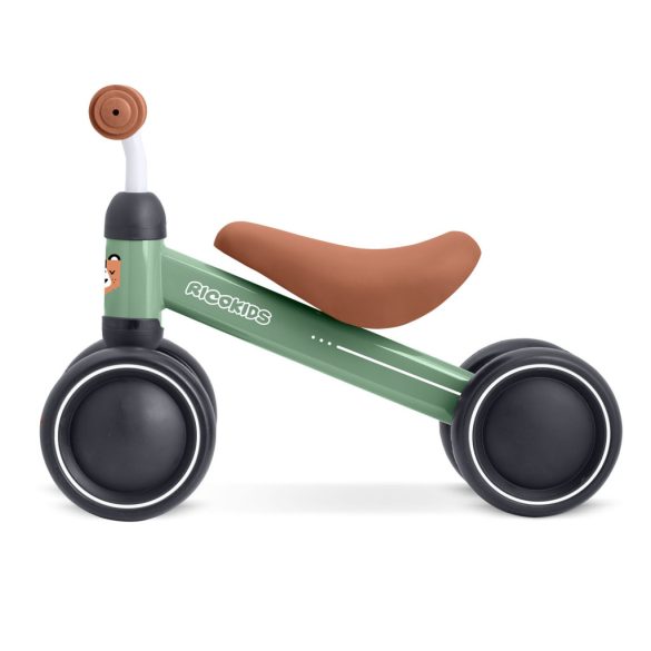 Háromkerekű futóbicikli, Ricokids, zöld, EVA habkerekek 15 cm, acél váz, kormányfordulás határoló, gumírozott markolat, 12 hónapos kortól