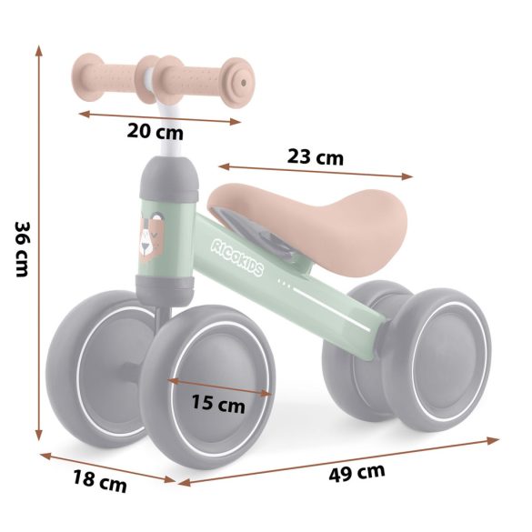 Háromkerekű futóbicikli, Ricokids, zöld, EVA habkerekek 15 cm, acél váz, kormányfordulás határoló, gumírozott markolat, 12 hónapos kortól