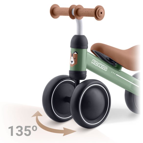 Háromkerekű futóbicikli, Ricokids, zöld, EVA habkerekek 15 cm, acél váz, kormányfordulás határoló, gumírozott markolat, 12 hónapos kortól