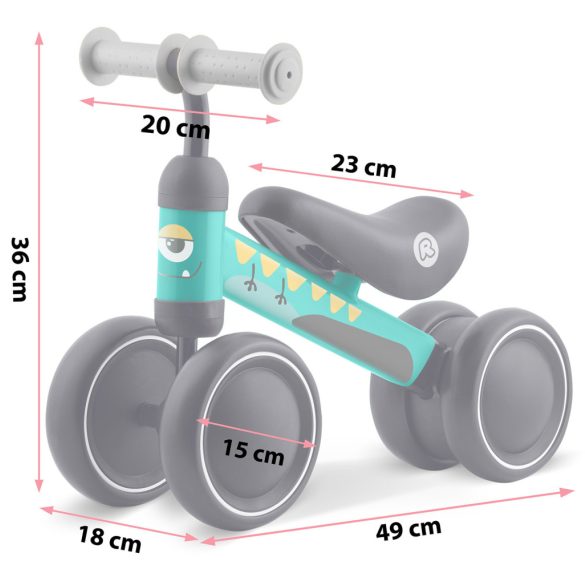 Háromkerekű futóbicikli, Ricokids, türkiz, EVA habkerekek 15 cm, acél váz, kormányfordulás határoló, gumírozott markolat, 12 hónapos kortól