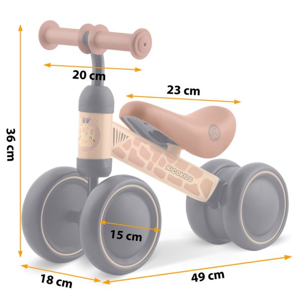 Háromkerekű futóbicikli, Ricokids, bézs, EVA habkerekek 15 cm, acél váz, kormányfordulás határoló, gumírozott markolat, 12 hónapos kortól