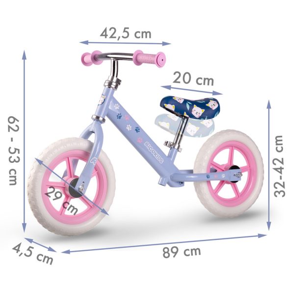 Kétkerekű futóbicikli, Ricokids RK-607, lila, acél váz, EVA habkerekek 29 cm, állítható ülésmagasság 32-42 cm, csúszásmentes markolatok ütközőkkel, könnyű