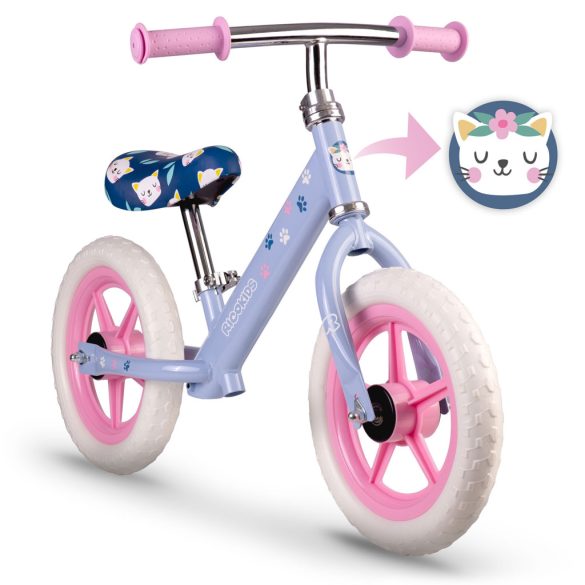 Kétkerekű futóbicikli, Ricokids RK-607, lila, acél váz, EVA habkerekek 29 cm, állítható ülésmagasság 32-42 cm, csúszásmentes markolatok ütközőkkel, könnyű