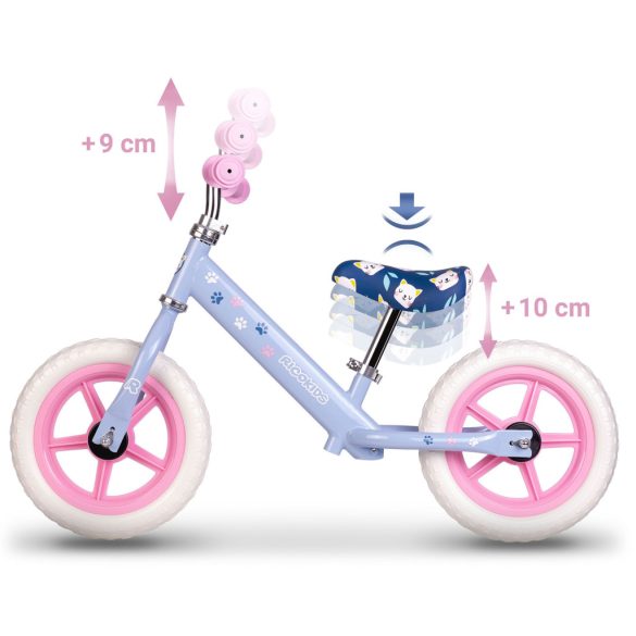 Kétkerekű futóbicikli, Ricokids RK-607, lila, acél váz, EVA habkerekek 29 cm, állítható ülésmagasság 32-42 cm, csúszásmentes markolatok ütközőkkel, könnyű