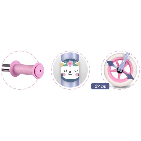 Kétkerekű futóbicikli, Ricokids RK-607, lila, acél váz, EVA habkerekek 29 cm, állítható ülésmagasság 32-42 cm, csúszásmentes markolatok ütközőkkel, könnyű