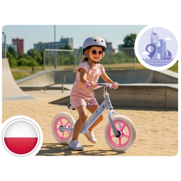 Kétkerekű futóbicikli, Ricokids RK-607, lila, acél váz, EVA habkerekek 29 cm, állítható ülésmagasság 32-42 cm, csúszásmentes markolatok ütközőkkel, könnyű