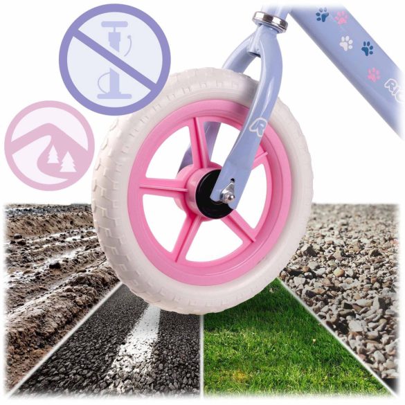 Kétkerekű futóbicikli, Ricokids RK-607, lila, acél váz, EVA habkerekek 29 cm, állítható ülésmagasság 32-42 cm, csúszásmentes markolatok ütközőkkel, könnyű