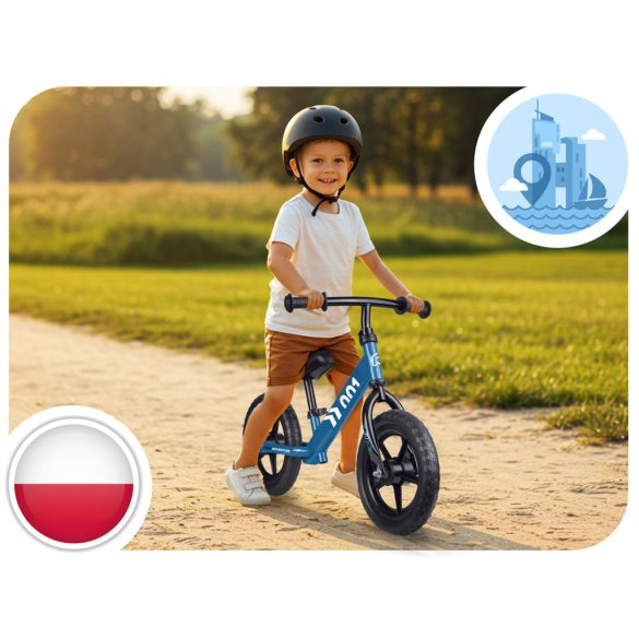 Kétkerekű futóbicikli, Ricokids RK-607, kék, acél váz, EVA habkerekek 29 cm, állítható ülésmagasság 32-42 cm, csúszásmentes markolatok ütközőkkel, könnyű