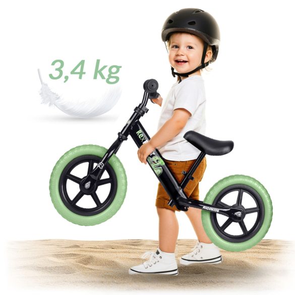 Kétkerekű futóbicikli, Ricokids RK-607, fekete, acél váz, EVA habkerekek 29 cm, állítható ülésmagasság 32-42 cm, csúszásmentes markolatok ütközőkkel, könnyű