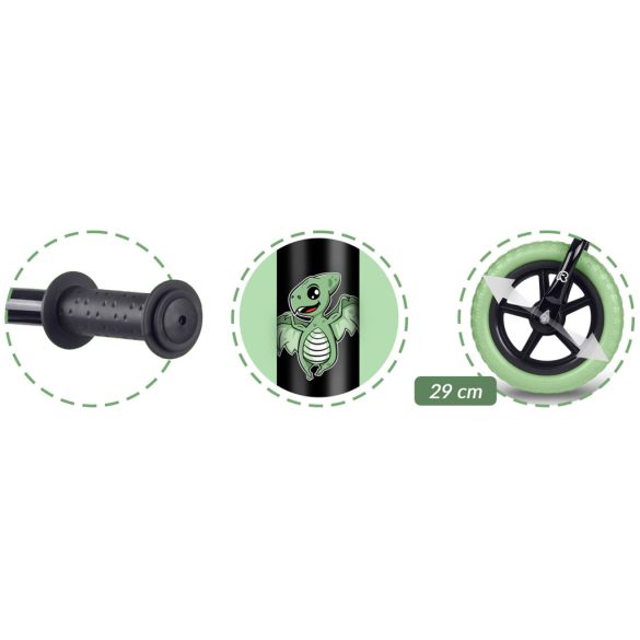 Kétkerekű futóbicikli, Ricokids RK-607, fekete, acél váz, EVA habkerekek 29 cm, állítható ülésmagasság 32-42 cm, csúszásmentes markolatok ütközőkkel, könnyű