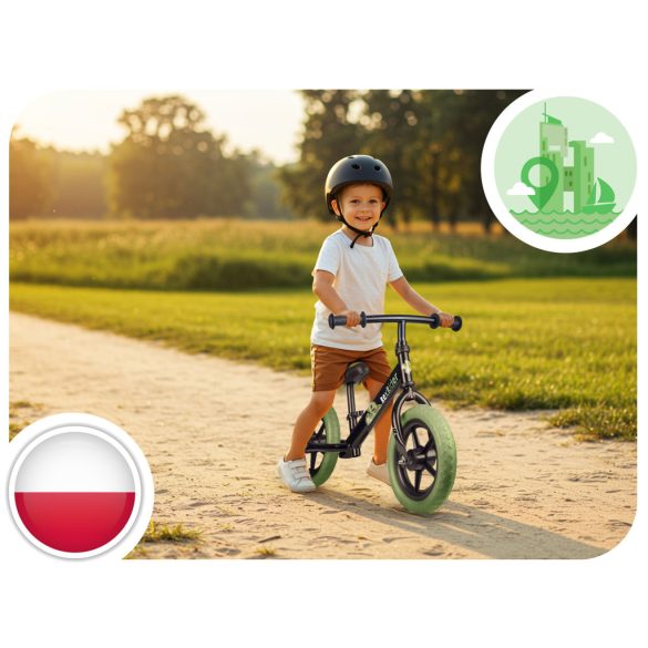 Kétkerekű futóbicikli, Ricokids RK-607, fekete, acél váz, EVA habkerekek 29 cm, állítható ülésmagasság 32-42 cm, csúszásmentes markolatok ütközőkkel, könnyű