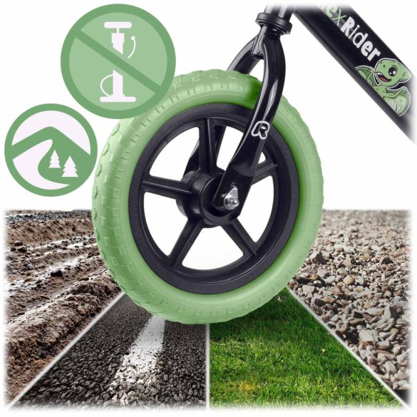 Kétkerekű futóbicikli, Ricokids RK-607, fekete, acél váz, EVA habkerekek 29 cm, állítható ülésmagasság 32-42 cm, csúszásmentes markolatok ütközőkkel, könnyű