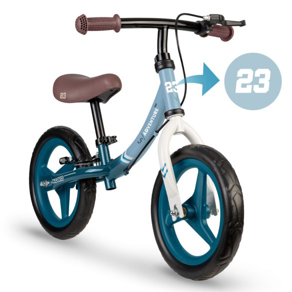 Kétkerekű futóbicikli, Ricokids Fun Adventure, türkiz, acél váz, EVA hab kerekek 29 cm, állítható ülésmagasság 32–42 cm, hátsó fék, ultrakönnyű