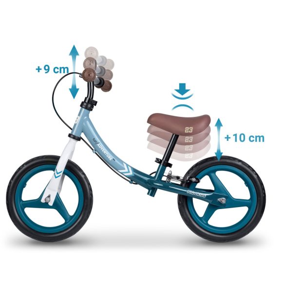 Kétkerekű futóbicikli, Ricokids Fun Adventure, türkiz, acél váz, EVA hab kerekek 29 cm, állítható ülésmagasság 32–42 cm, hátsó fék, ultrakönnyű
