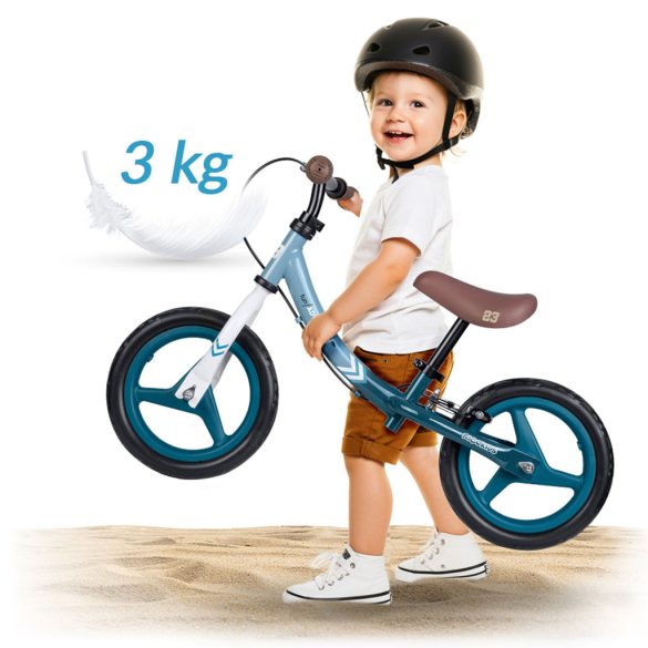 Kétkerekű futóbicikli, Ricokids Fun Adventure, türkiz, acél váz, EVA hab kerekek 29 cm, állítható ülésmagasság 32–42 cm, hátsó fék, ultrakönnyű