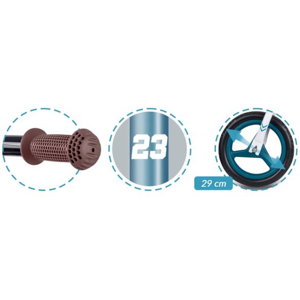 Kétkerekű futóbicikli, Ricokids Fun Adventure, türkiz, acél váz, EVA hab kerekek 29 cm, állítható ülésmagasság 32–42 cm, hátsó fék, ultrakönnyű