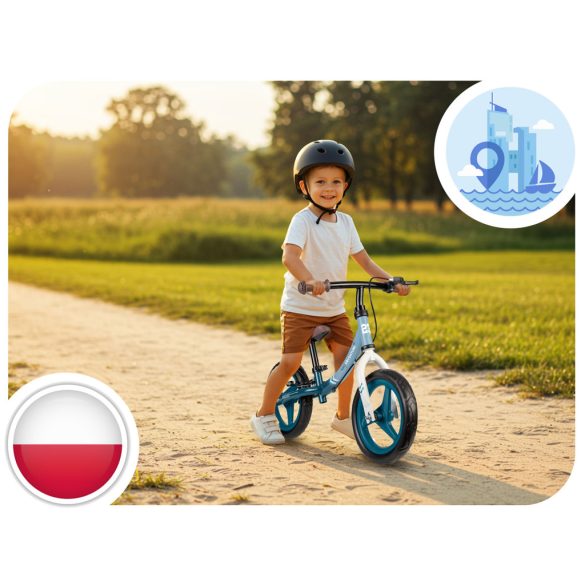 Kétkerekű futóbicikli, Ricokids Fun Adventure, türkiz, acél váz, EVA hab kerekek 29 cm, állítható ülésmagasság 32–42 cm, hátsó fék, ultrakönnyű