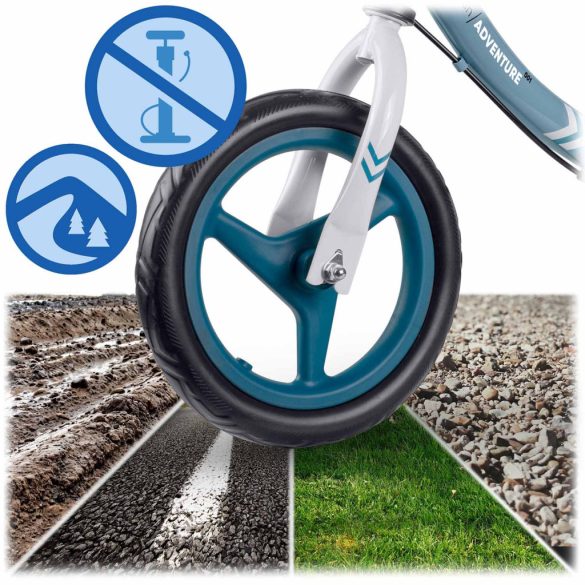 Kétkerekű futóbicikli, Ricokids Fun Adventure, türkiz, acél váz, EVA hab kerekek 29 cm, állítható ülésmagasság 32–42 cm, hátsó fék, ultrakönnyű