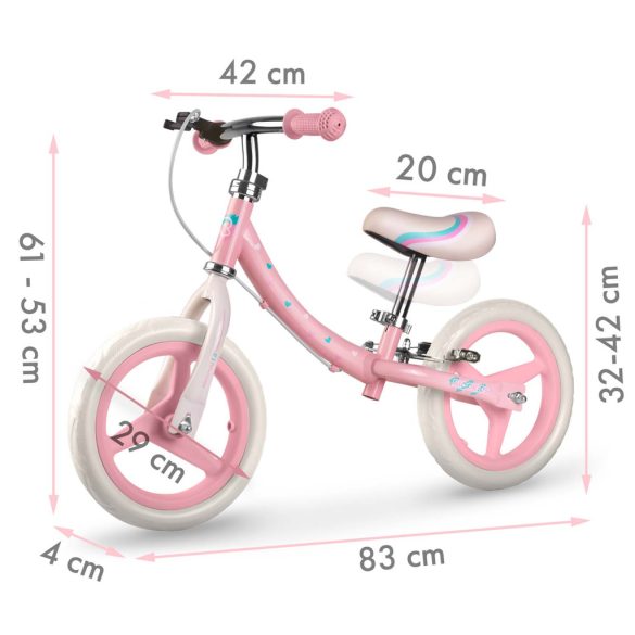 Kétkerekű futóbicikli, Ricokids Fun Adventure, rózsaszín, acél váz, EVA hab kerekek 29 cm, állítható ülésmagasság 32–42 cm, hátsó fék, ultrakönnyű