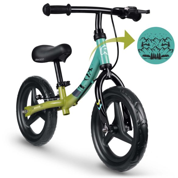 Kétkerekű futóbicikli, Ricokids Fun Adventure, zöld, acél váz, EVA hab kerekek 29 cm, állítható ülésmagasság 32–42 cm, hátsó fék, ultrakönnyű