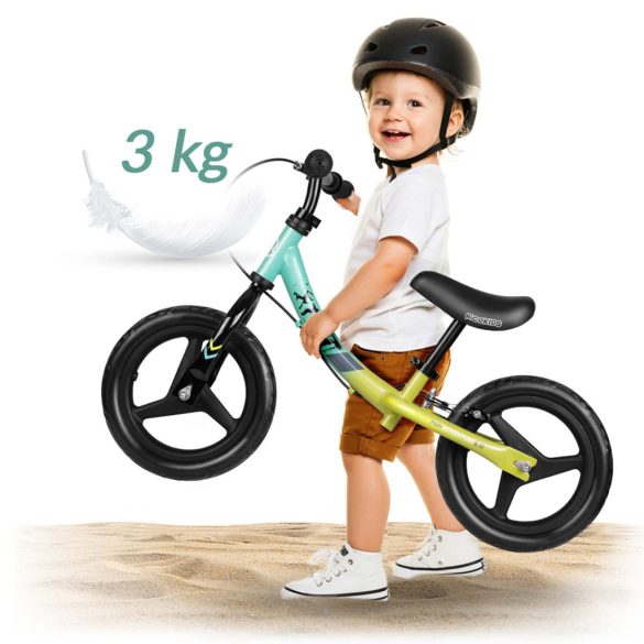 Kétkerekű futóbicikli, Ricokids Fun Adventure, zöld, acél váz, EVA hab kerekek 29 cm, állítható ülésmagasság 32–42 cm, hátsó fék, ultrakönnyű