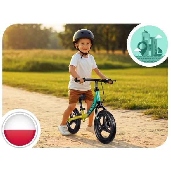 Kétkerekű futóbicikli, Ricokids Fun Adventure, zöld, acél váz, EVA hab kerekek 29 cm, állítható ülésmagasság 32–42 cm, hátsó fék, ultrakönnyű