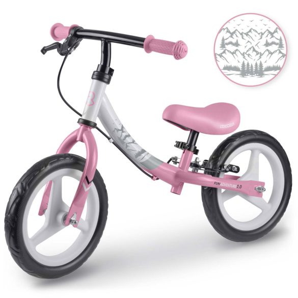 Kétkerekű futóbicikli, Ricokids Fun Adventure, pink, acél váz, EVA hab kerekek 29 cm, állítható ülésmagasság 32–42 cm, hátsó fék, ultrakönnyű