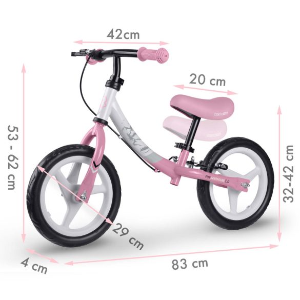 Kétkerekű futóbicikli, Ricokids Fun Adventure, pink, acél váz, EVA hab kerekek 29 cm, állítható ülésmagasság 32–42 cm, hátsó fék, ultrakönnyű