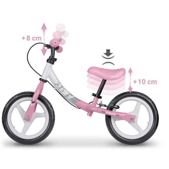 Kétkerekű futóbicikli, Ricokids Fun Adventure, pink, acél váz, EVA hab kerekek 29 cm, állítható ülésmagasság 32–42 cm, hátsó fék, ultrakönnyű