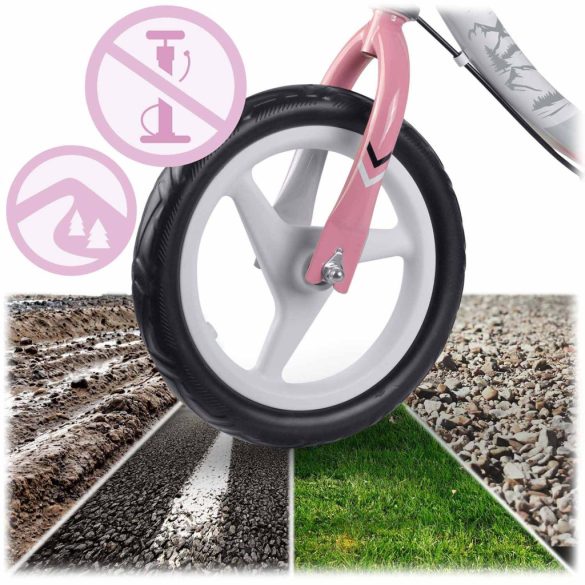 Kétkerekű futóbicikli, Ricokids Fun Adventure, pink, acél váz, EVA hab kerekek 29 cm, állítható ülésmagasság 32–42 cm, hátsó fék, ultrakönnyű