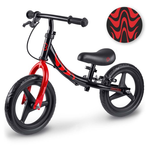 Kétkerekű futóbicikli, Ricokids Fun Adventure, fekete, acél váz, EVA hab kerekek 29 cm, állítható ülésmagasság 32–42 cm, hátsó fék, ultrakönnyű