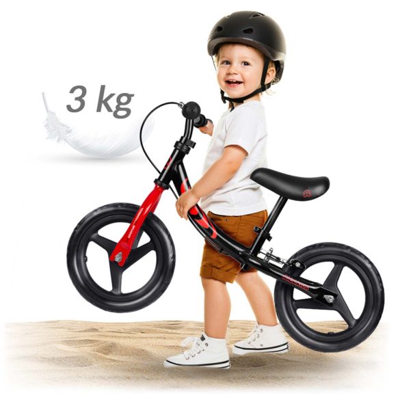 Kétkerekű futóbicikli, Ricokids Fun Adventure, fekete, acél váz, EVA hab kerekek 29 cm, állítható ülésmagasság 32–42 cm, hátsó fék, ultrakönnyű