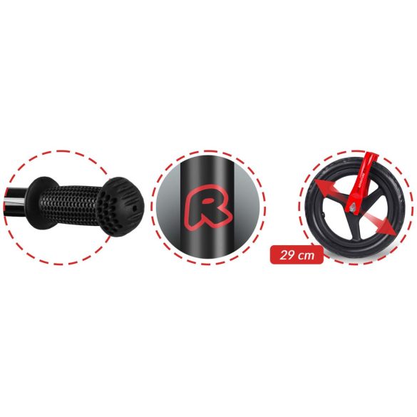 Kétkerekű futóbicikli, Ricokids Fun Adventure, fekete, acél váz, EVA hab kerekek 29 cm, állítható ülésmagasság 32–42 cm, hátsó fék, ultrakönnyű